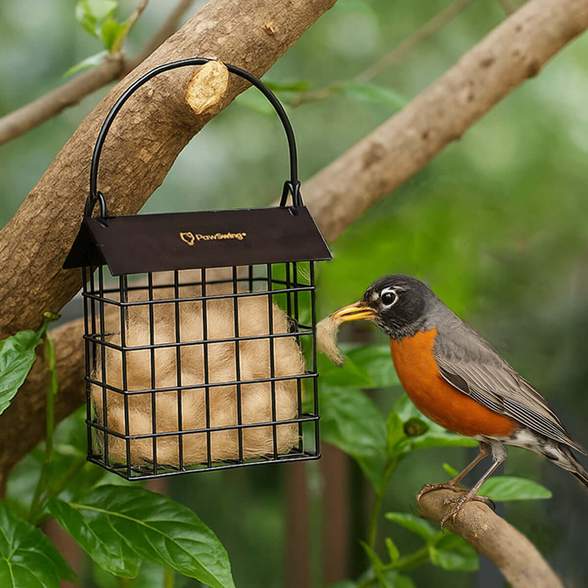 A robin pulls nesting material from a PawSwing® cat hair suet cage hanging from a tree branch
