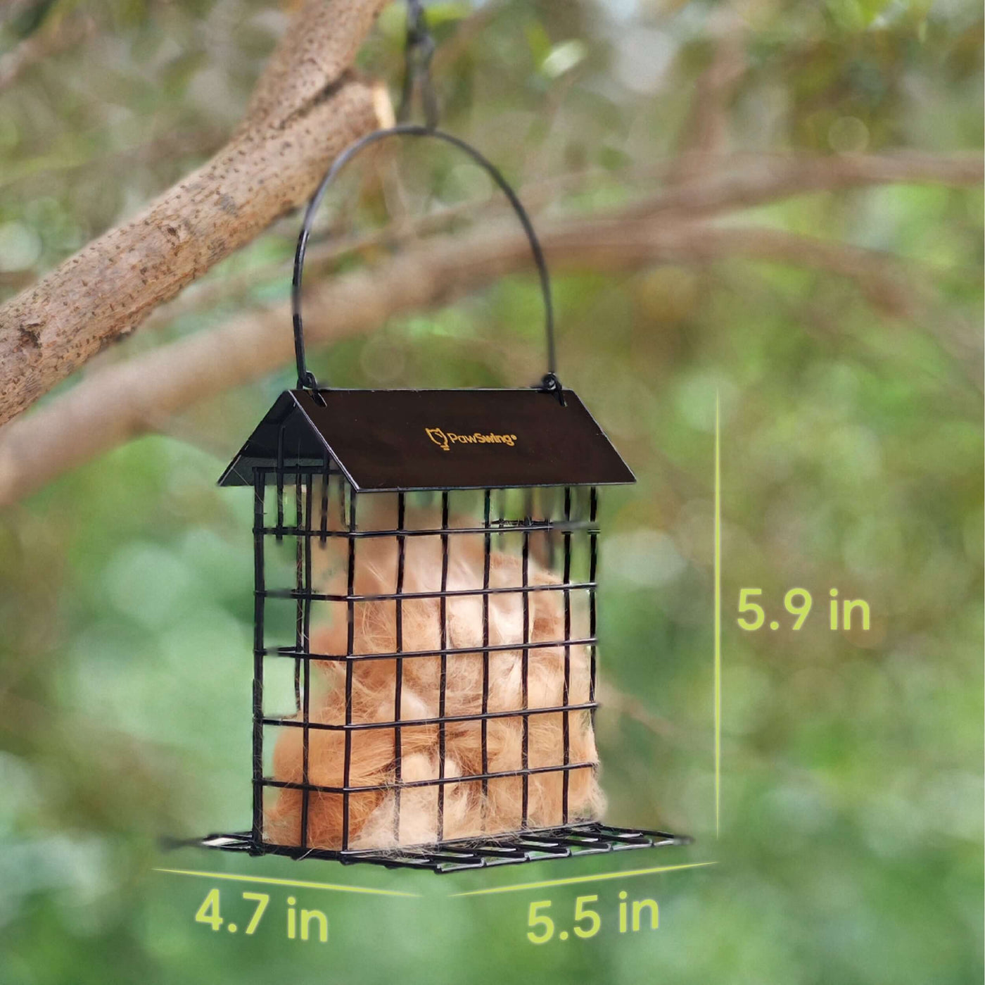 Dimensions of the PawSwing® cat hair suet cage, highlighting its compact and bird-friendly design