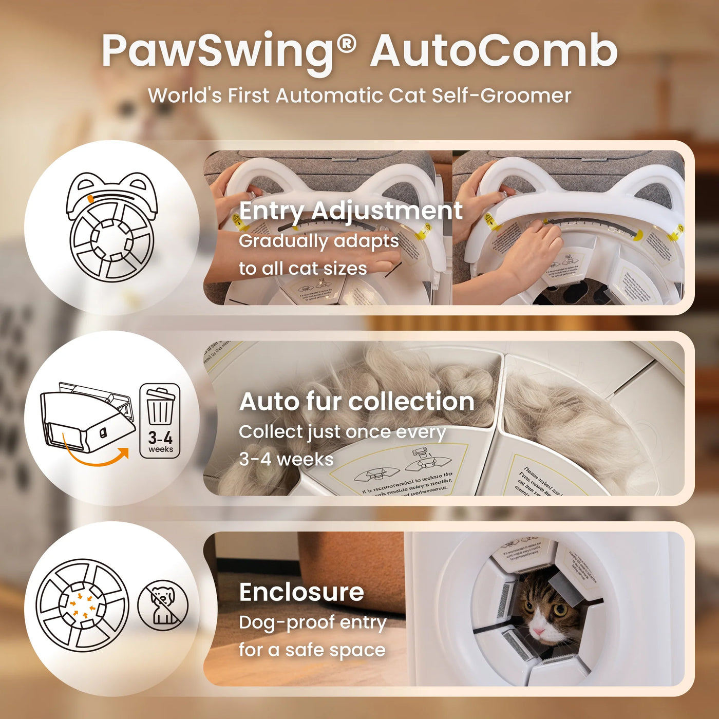 Features of the PawSwing® Pro automatic cat groomer including entry adjustment and an auto fur collection bin