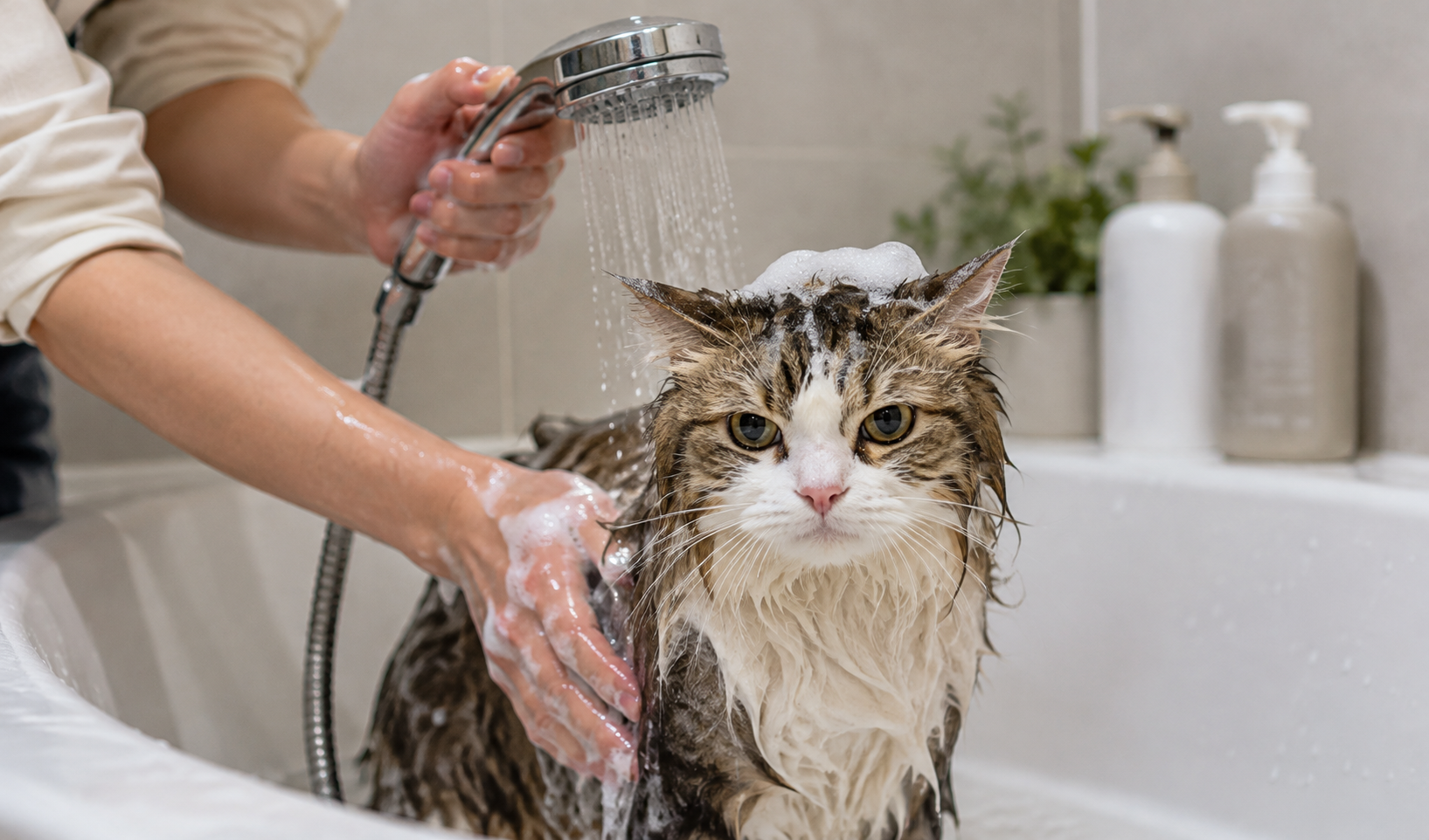 Cat owner bathing a wet cat with a handheld shower in a bathtub