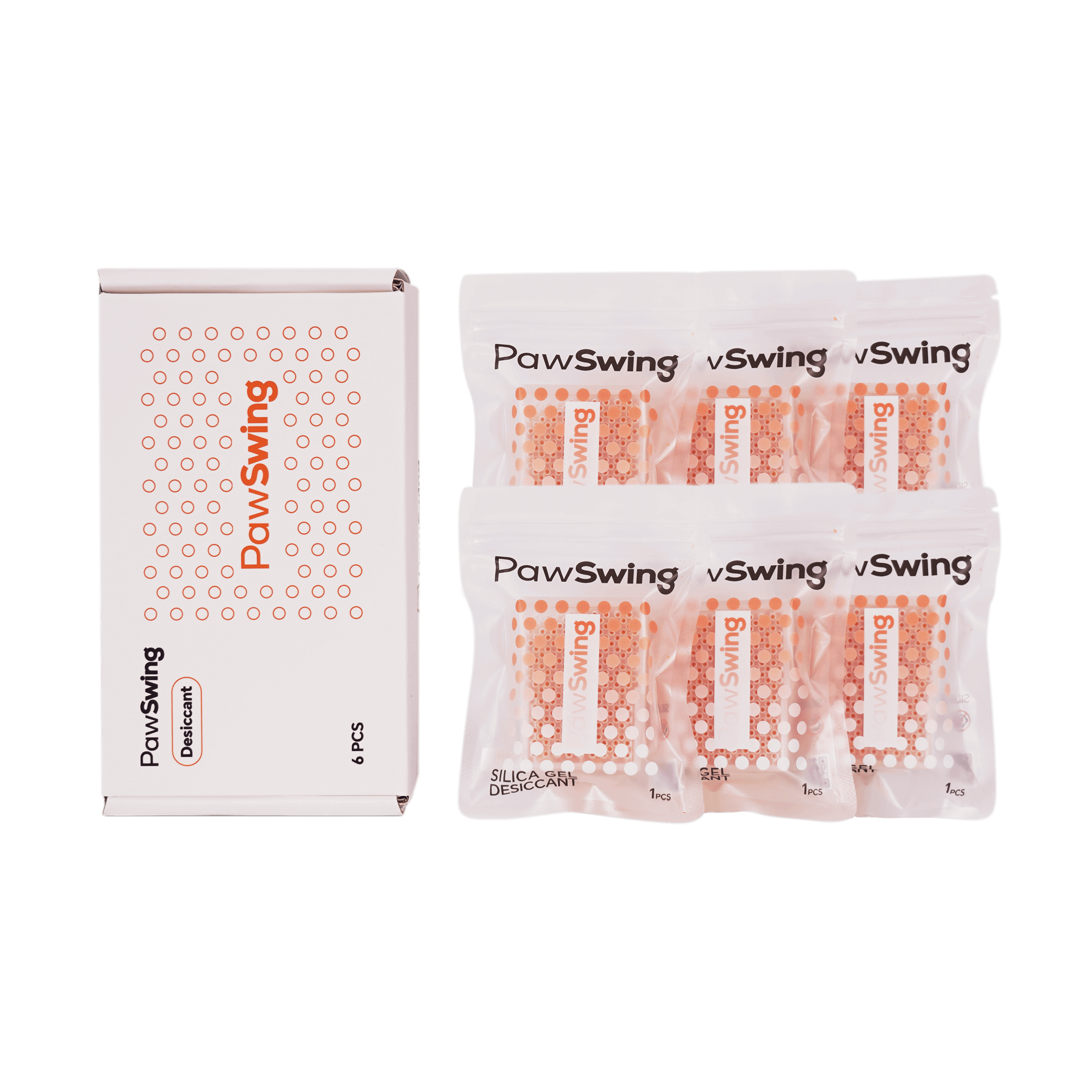 A box and individual packets of PawSwing silica gel desiccant, essential maintenance supplies to keep your cat shedding brush dry and the environment fresh for your pets.