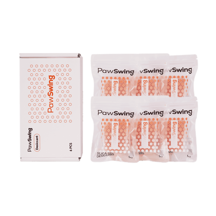 A box and individual packets of PawSwing silica gel desiccant, essential maintenance supplies to keep your cat shedding brush dry and the environment fresh for your pets.