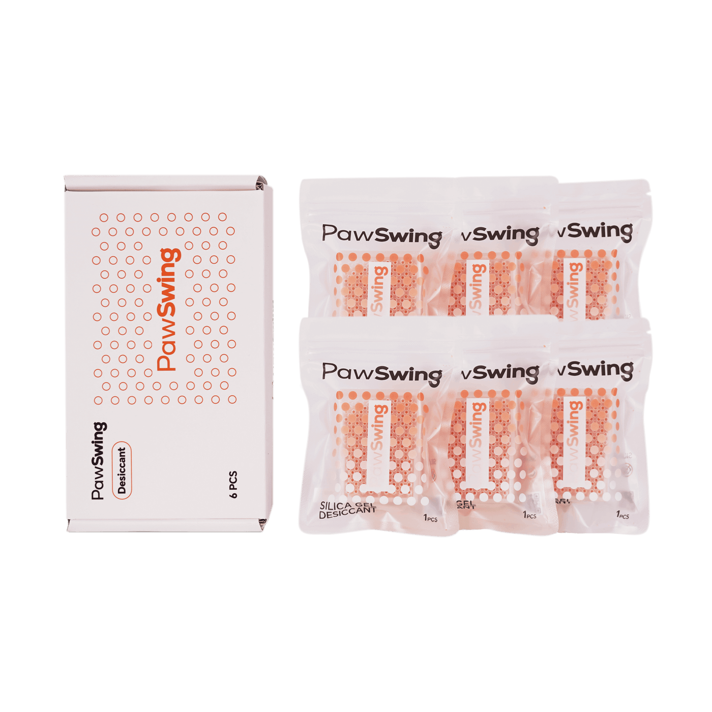 A box and individual packets of PawSwing silica gel desiccant, essential maintenance supplies to keep your self grooming cat house dry and the environment fresh for your pets