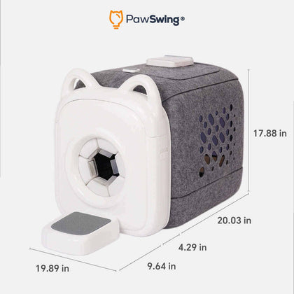 PawSwing AutoComb Pro grooming tool with cat ear design, slightly used, dimensions shown.