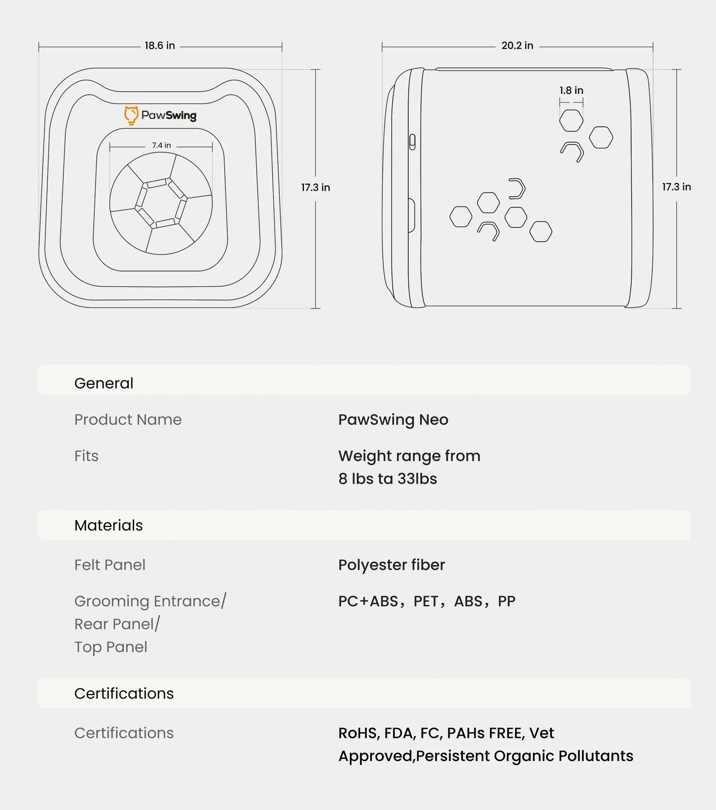 Technical specifications and dimensions for the PawSwing® neo self grooming cat house and its materials