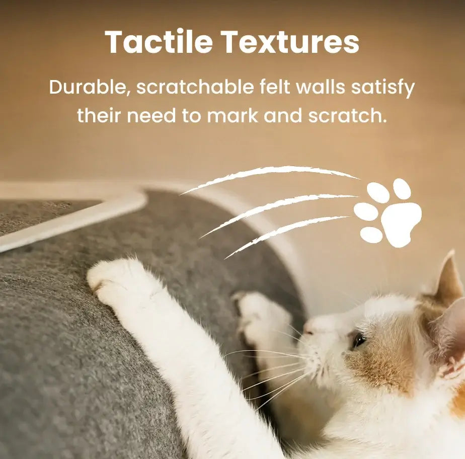 Close-up of a cat marking and scratching the durable felt walls of the PawSwing® neo self grooming cat house
