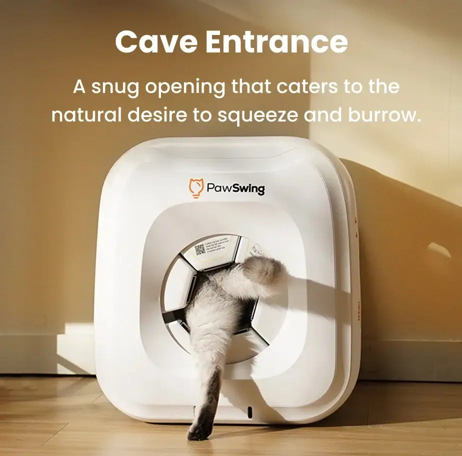 A cat squeezing into the snug cave entrance of the PawSwing® neo self grooming cat house