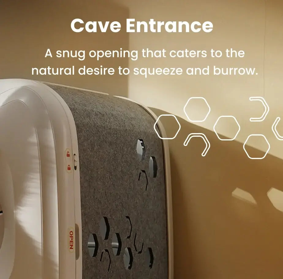 The cave entrance and tactile textures of the PawSwing® neo self grooming cat house in warm sunlight
