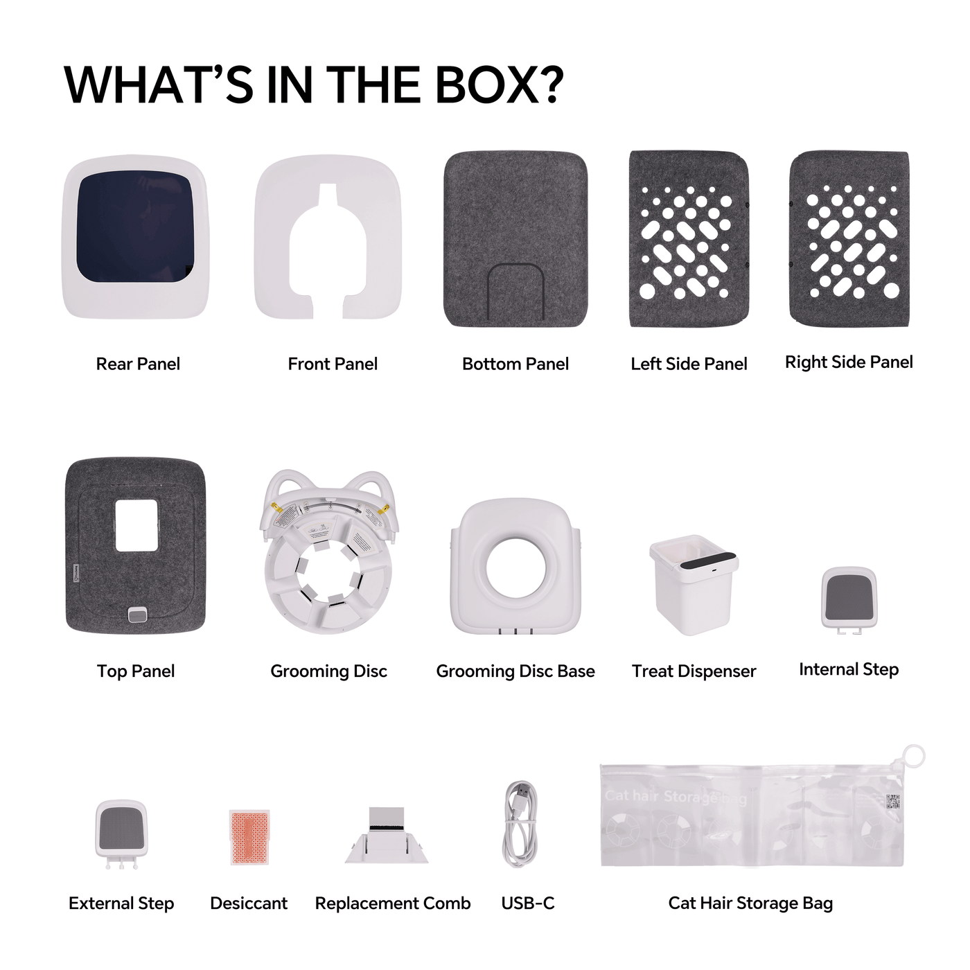 Parts included in the PawSwing AutoComb Pro box: rear panel, front panel, bottom panel, grooming disc, and more.