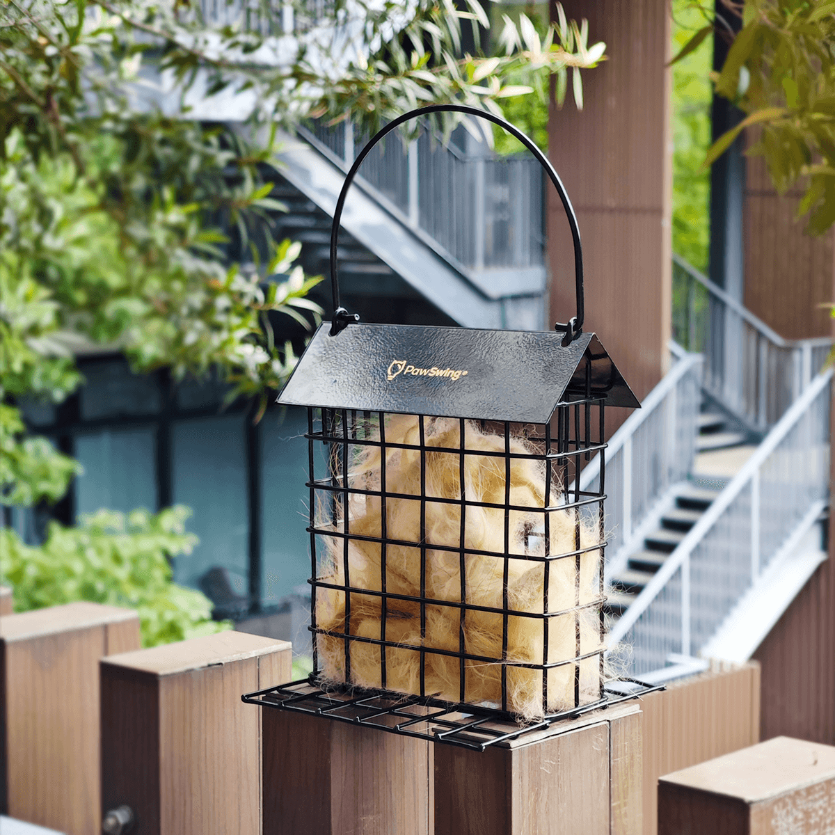 A PawSwing® outdoor cat hair cage filled with golden fur, ready for birds to build their nests