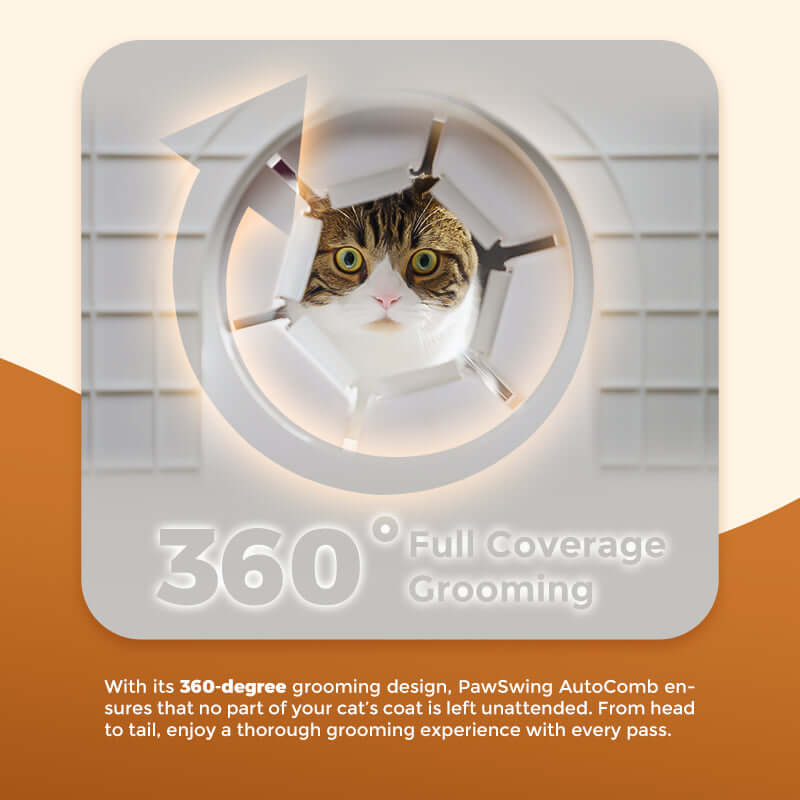 360-degree grooming design of PawSwing AutoComb Pro ensuring full coverage for cats.