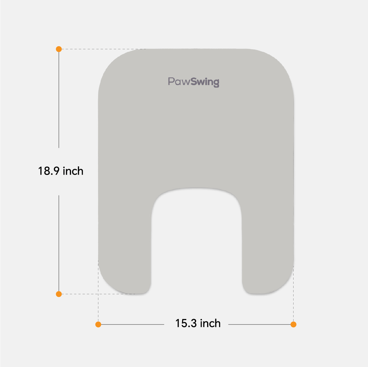 Technical drawing showing the 18.9-inch by 15.3-inch dimensions of the PawSwing® cat mat