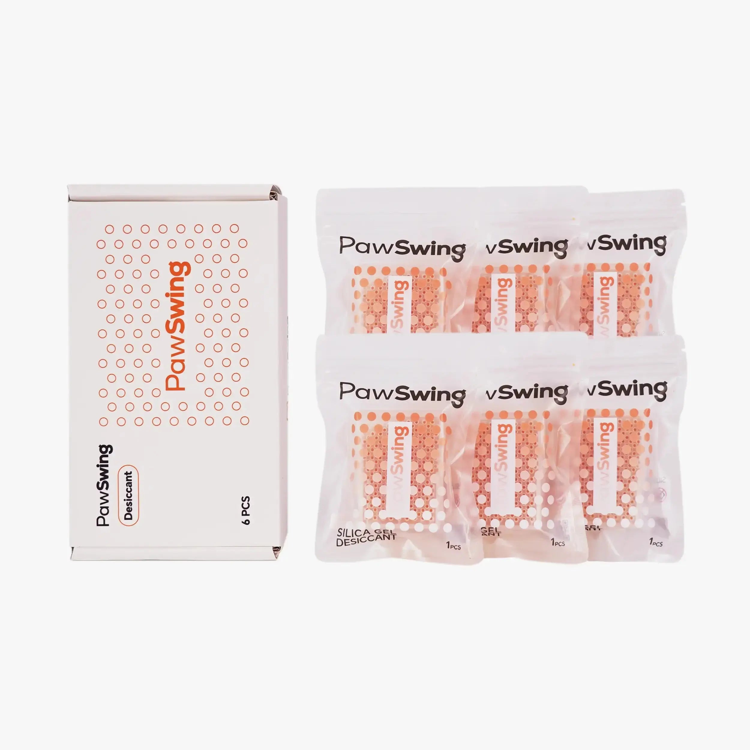 A retail box and six individual refill packs of PawSwing® cat snack desiccant
