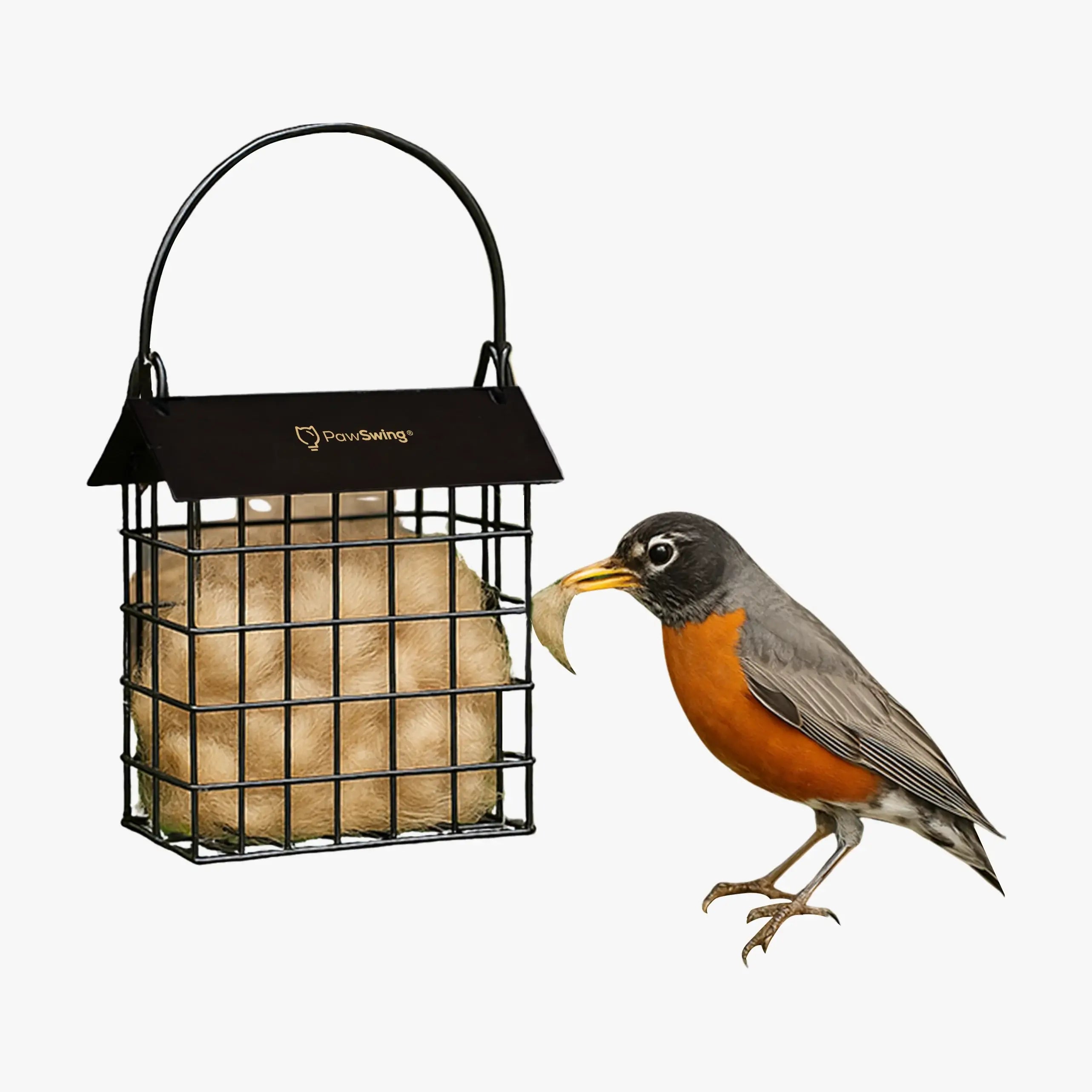 Studio shot of a bird interacting with the PawSwing® cat hair cage filled with natural grooming remains