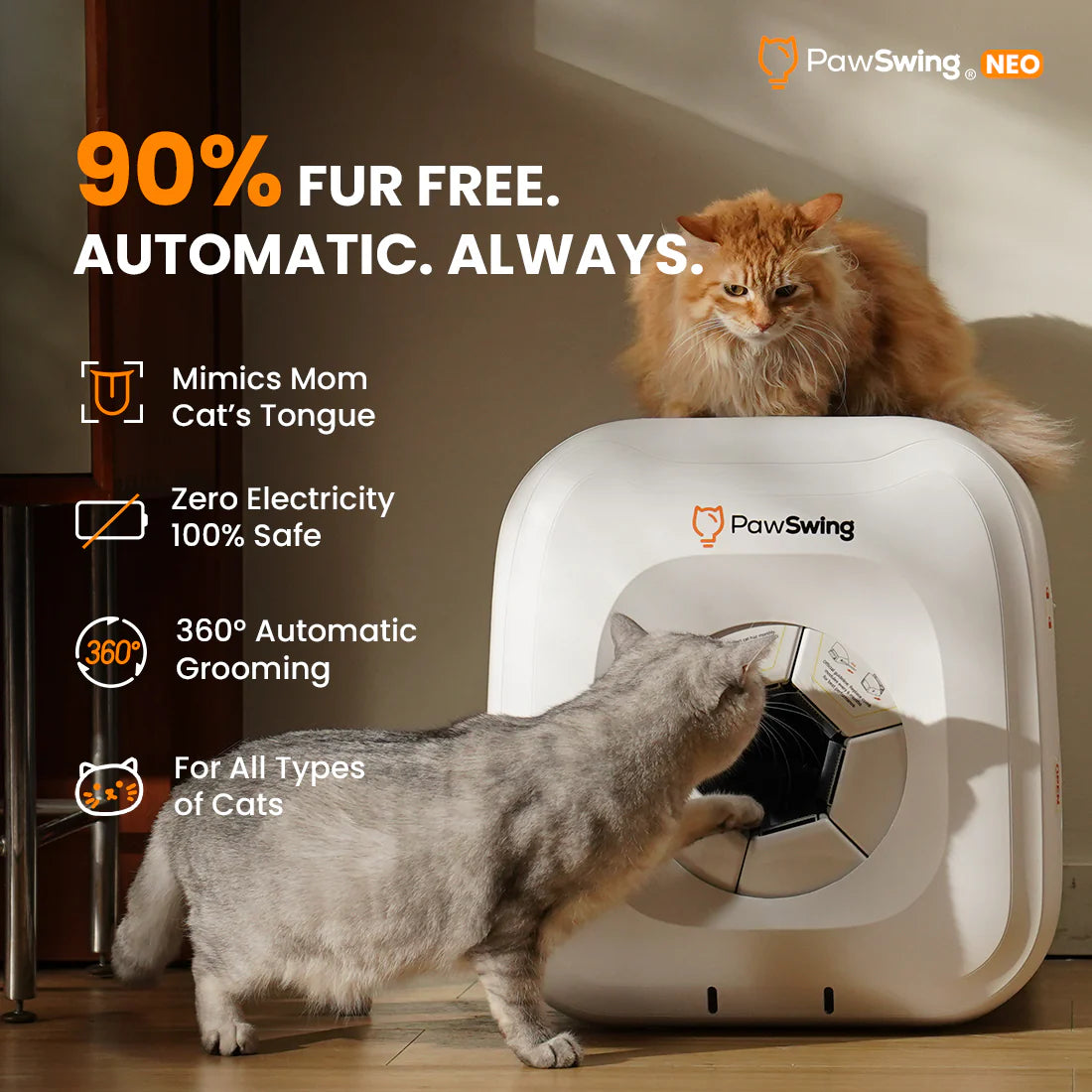 Cats enjoying the PawSwing® neo self grooming cat house which mimics a mother cat's natural licking sensation