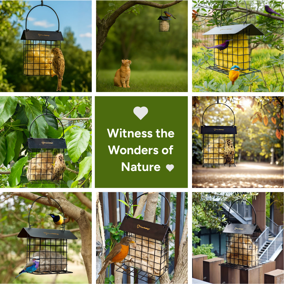 A collage showcasing eco friendly cat hair reuse with various birds visiting the PawSwing® nesting station