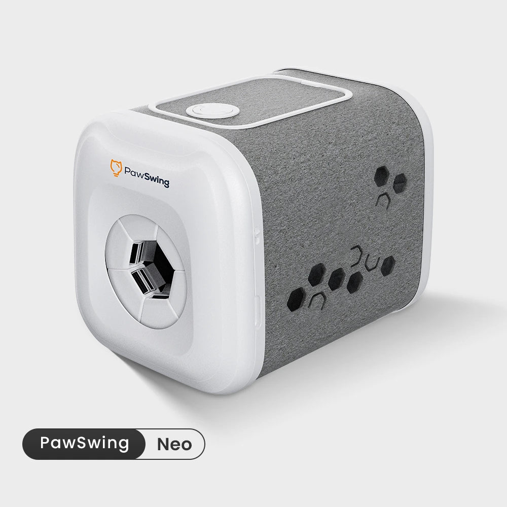 A sleek PawSwing® neo self grooming cat house designed with modern grey felt and interactive side slots