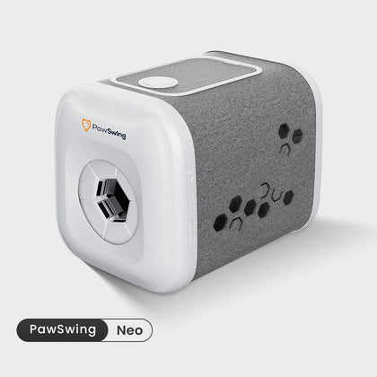 A sleek PawSwing® neo self grooming cat house designed with modern grey felt and interactive side slots
