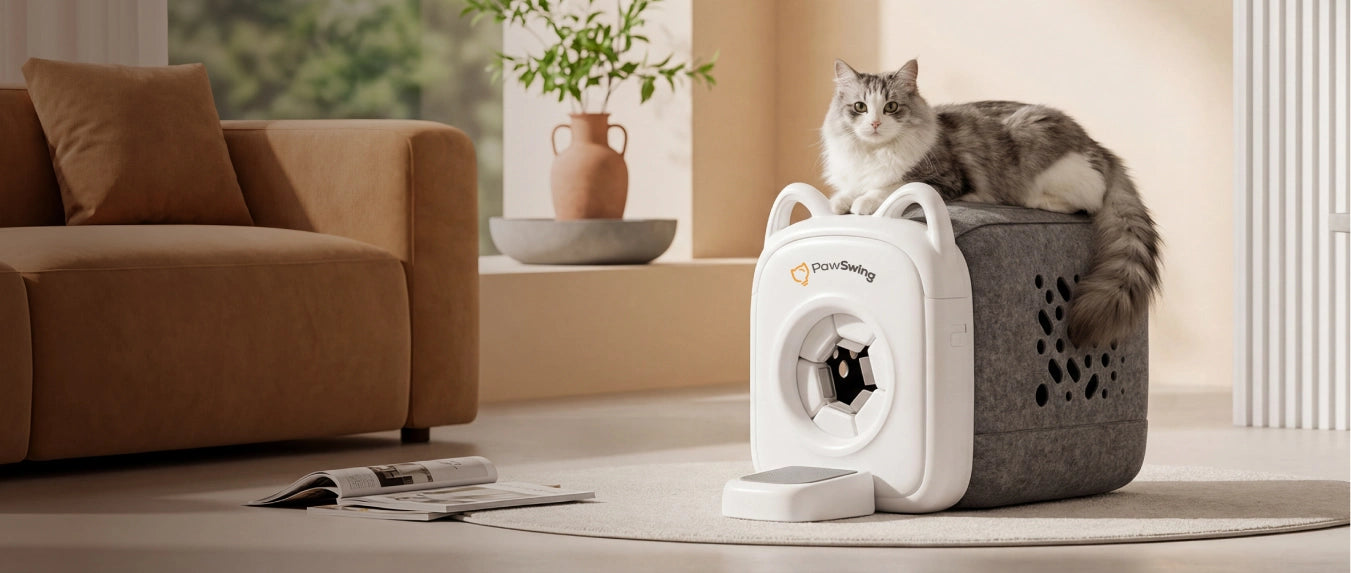 A cozy self grooming cat house that collects fur automatically