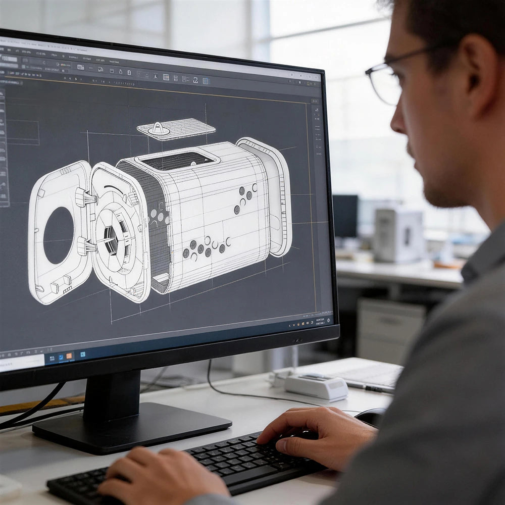 A designer meticulously reviews the technical 3D CAD model of a PawSwing® device, showcasing the engineering precision required to create tools for professional cat grooming at home.