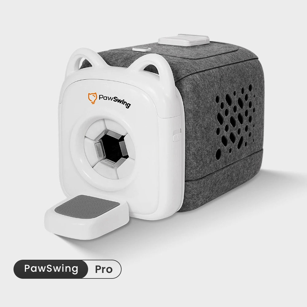The PawSwing® Pro automatic cat groomer features a modern design with a comfortable felt-covered exterior