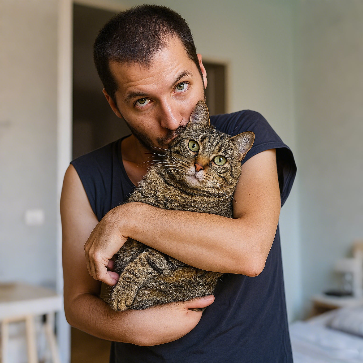 A man shares a close, affectionate moment with his cat, illustrating the improved bond between pets and owners when using stress-free PawSwing® cat grooming tools.