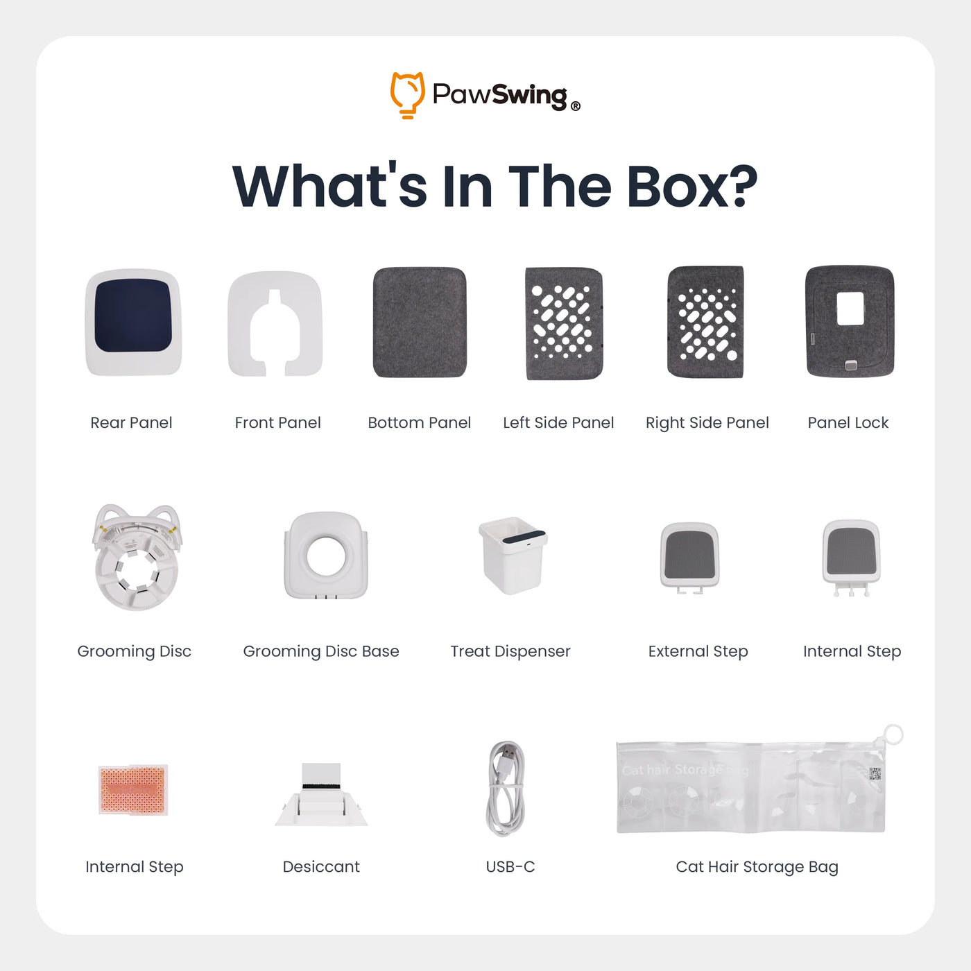 Breakdown of the 15 components included with the PawSwing® Pro cat brush for shedding in every box