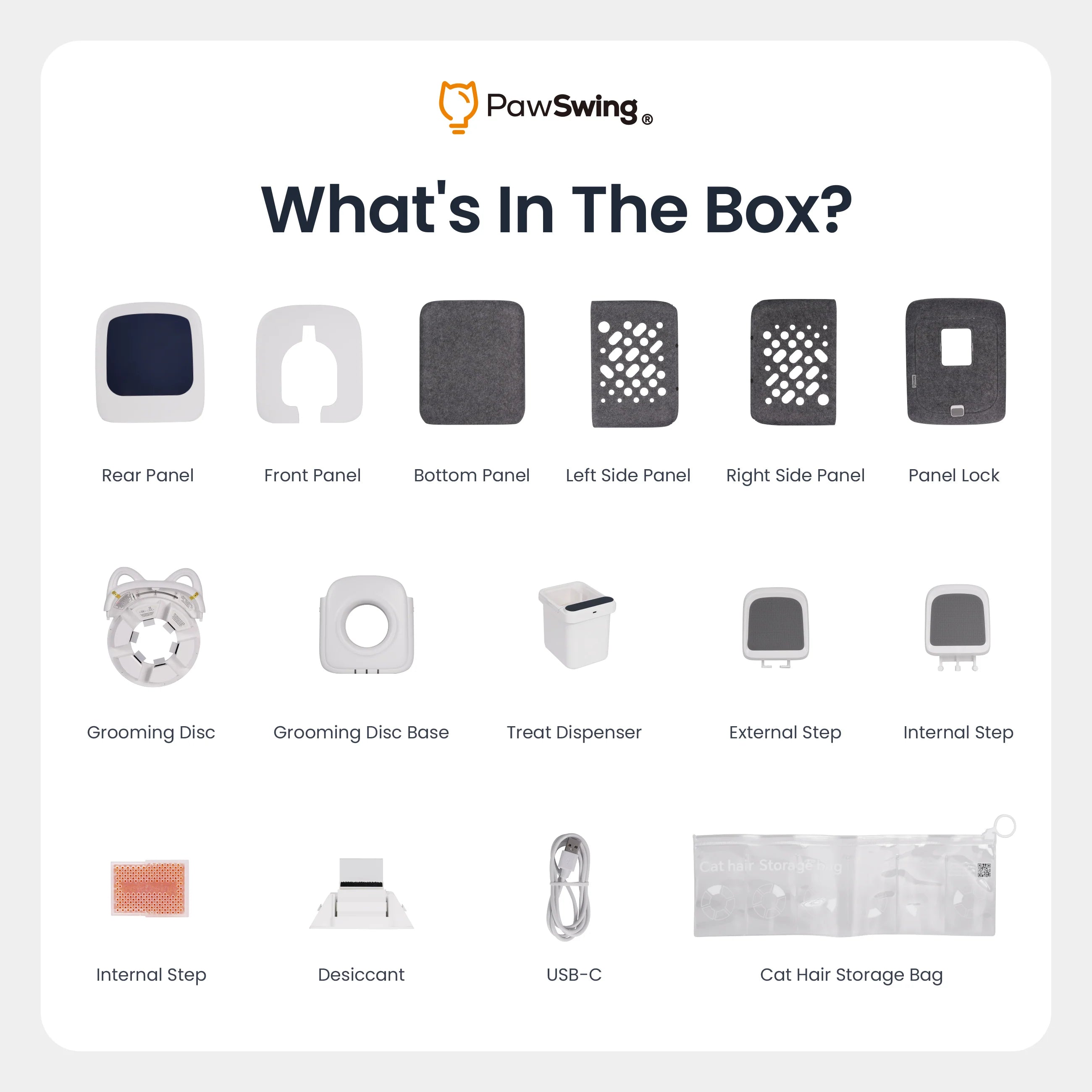 Breakdown of the 15 components included with the PawSwing® Pro cat brush for shedding in every box