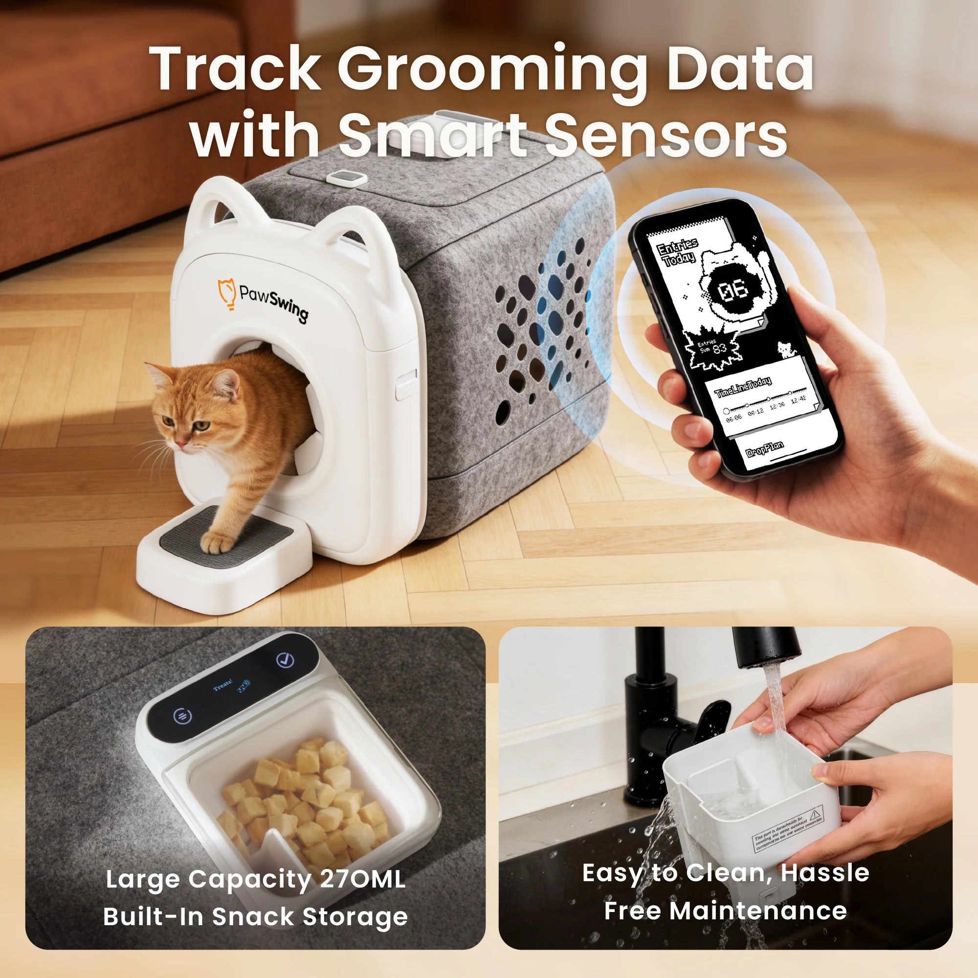 Track grooming frequency with the smart sensors integrated into the PawSwing® Pro automatic cat groomer
