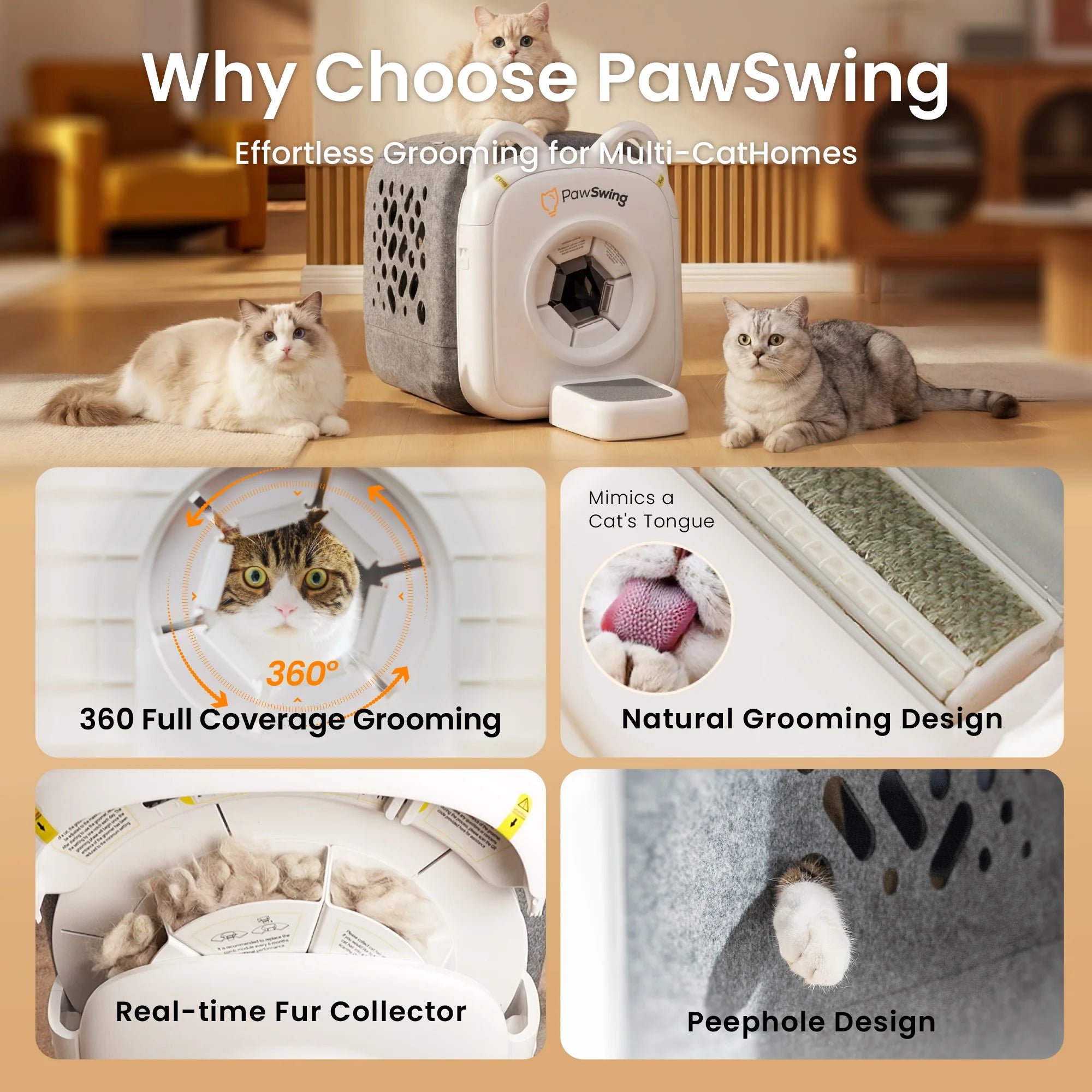 Multi-cat homes benefit from the PawSwing® Pro professional cat grooming system with its unique bionic design
