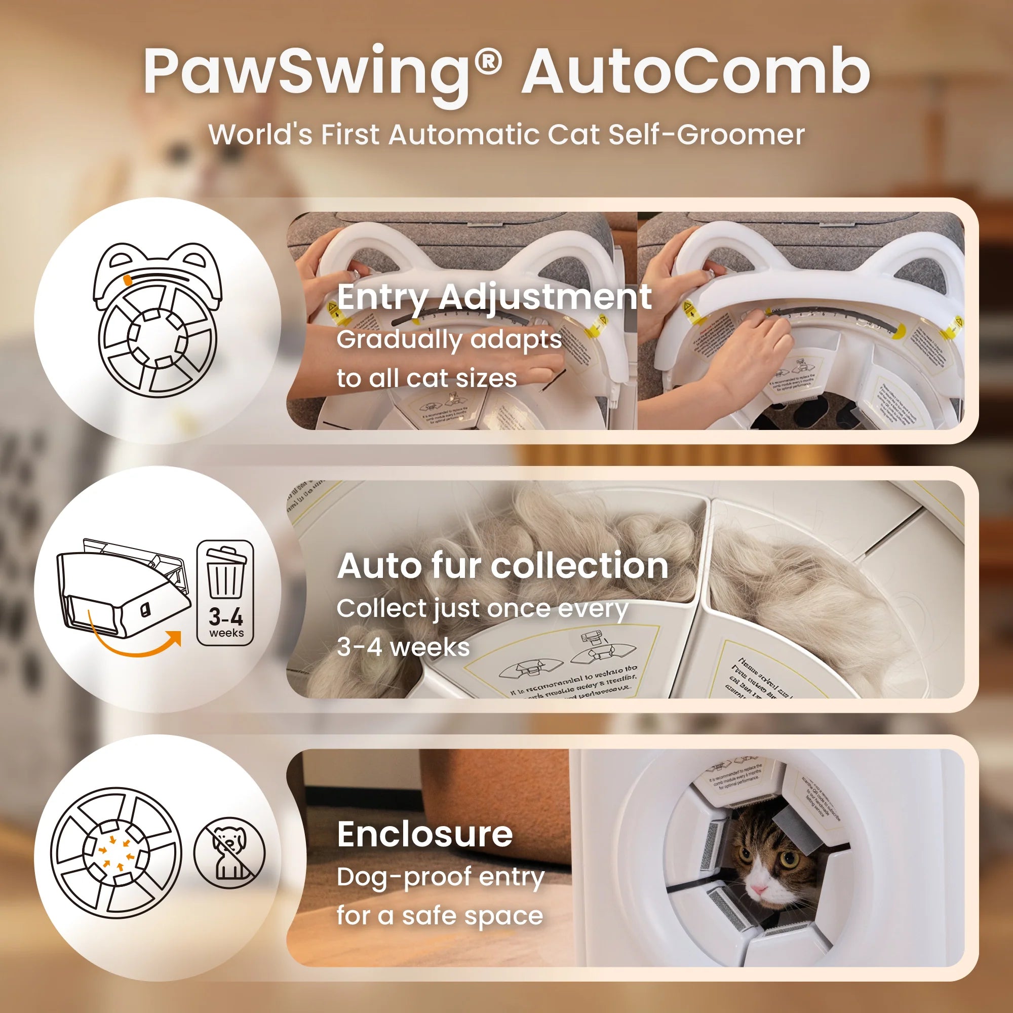 Features of the PawSwing® Pro automatic cat groomer including entry adjustment and an auto fur collection bin