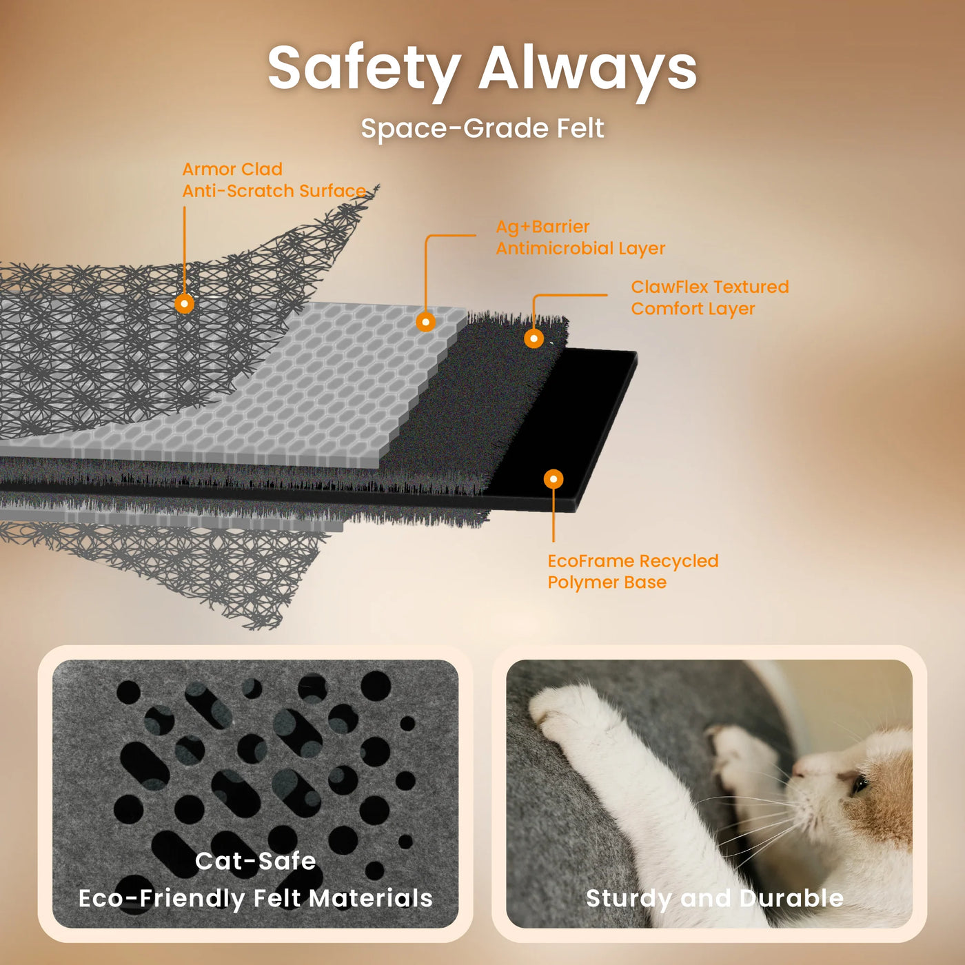 Diagram showing the space-grade felt and antimicrobial layers of the PawSwing® Pro cat brush for shedding
