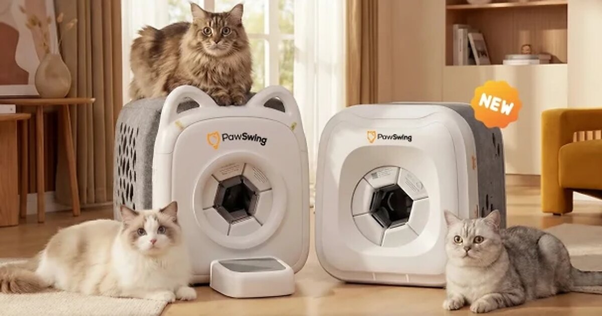 A cat being groomed with a curved bionic comb, shown as presented in PawSwing's own product photography.