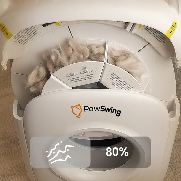 Close-up of the PawSwing® hair storage compartment showing an 80% collection rate for efficient cat grooming