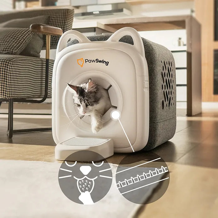A cat entering the PawSwing® cat self-groomer featuring a specialized circular brush system for effortless hair removal