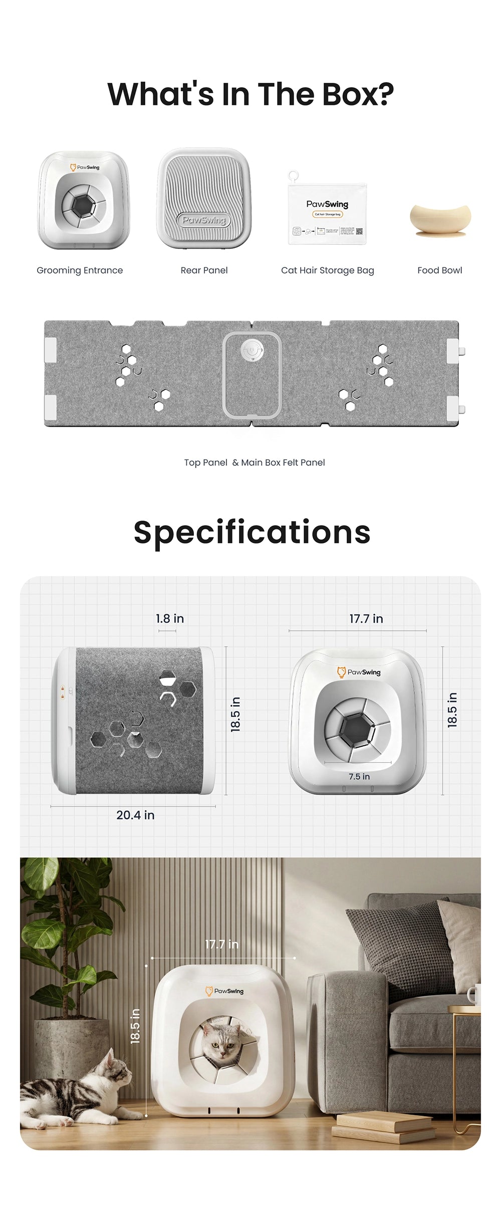Detailed specifications and "What's In The Box" for the PawSwing Neo, highlighting essential cat self groomer including the grooming entrance, rear panel, and a dedicated cat hair storage bag