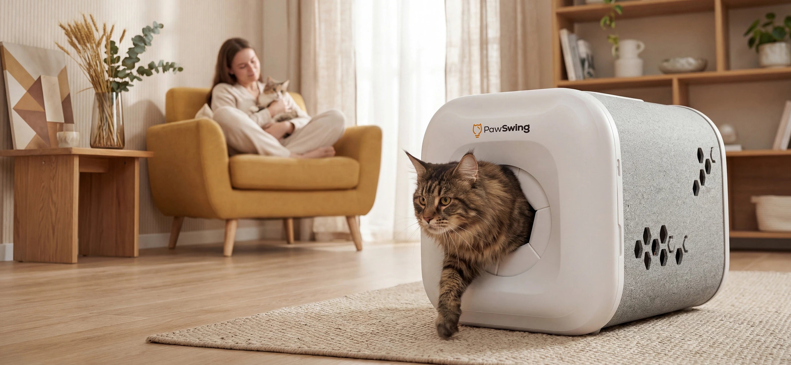 A long-haired cat comfortably exits the PawSwing® self grooming cat house, demonstrating how the device handles heavy shedding while the owner relaxes in the background.