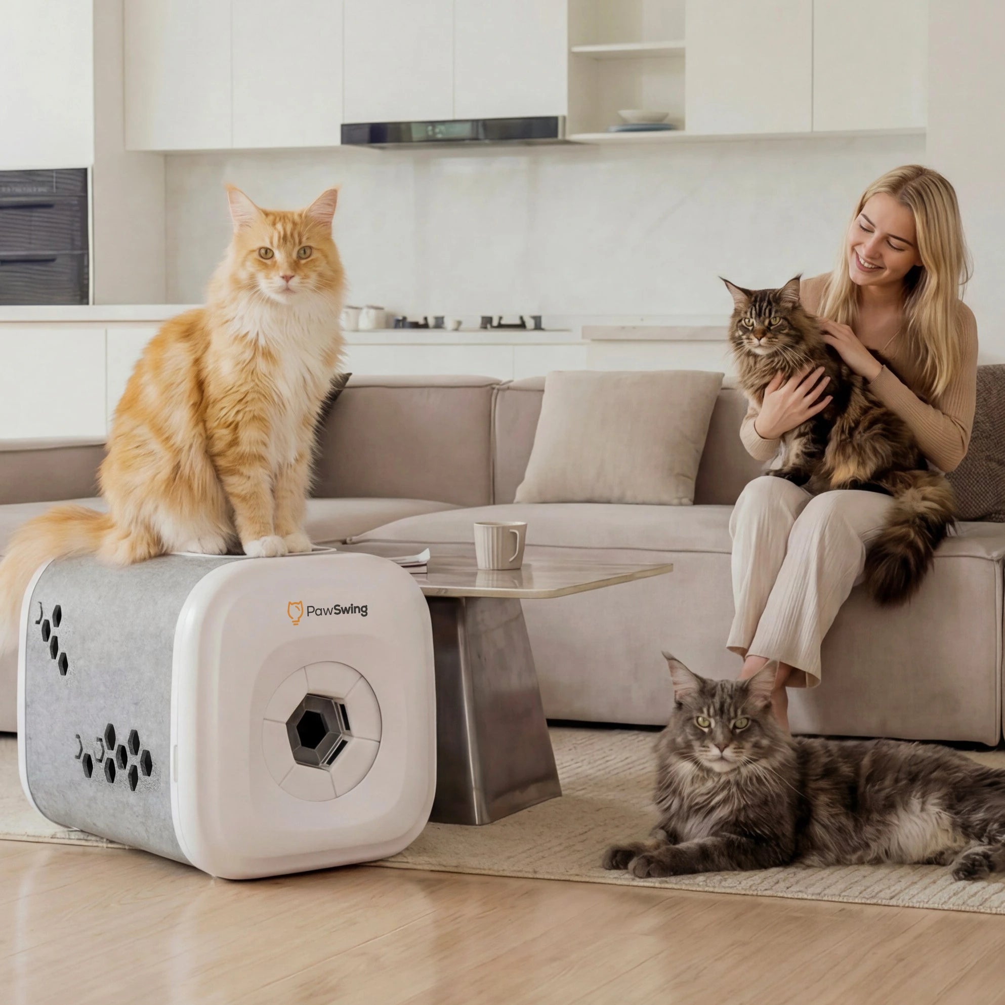 Multiple large cats interact with the PawSwing® self grooming cat house in a spacious home, proving it is the ideal solution for multi-cat households needing constant hair management.