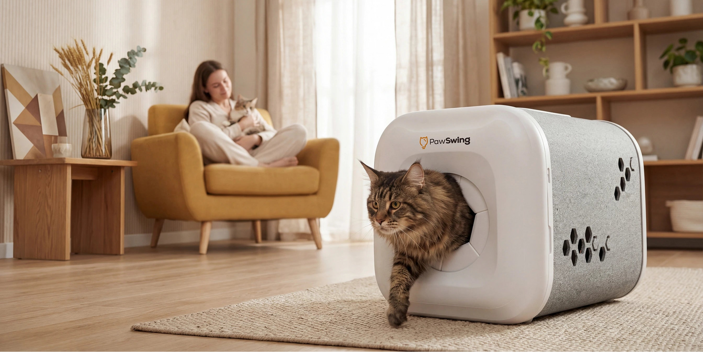 A large cat comfortably exits the PawSwing® neo Plus large cat self grooming house after grooming
