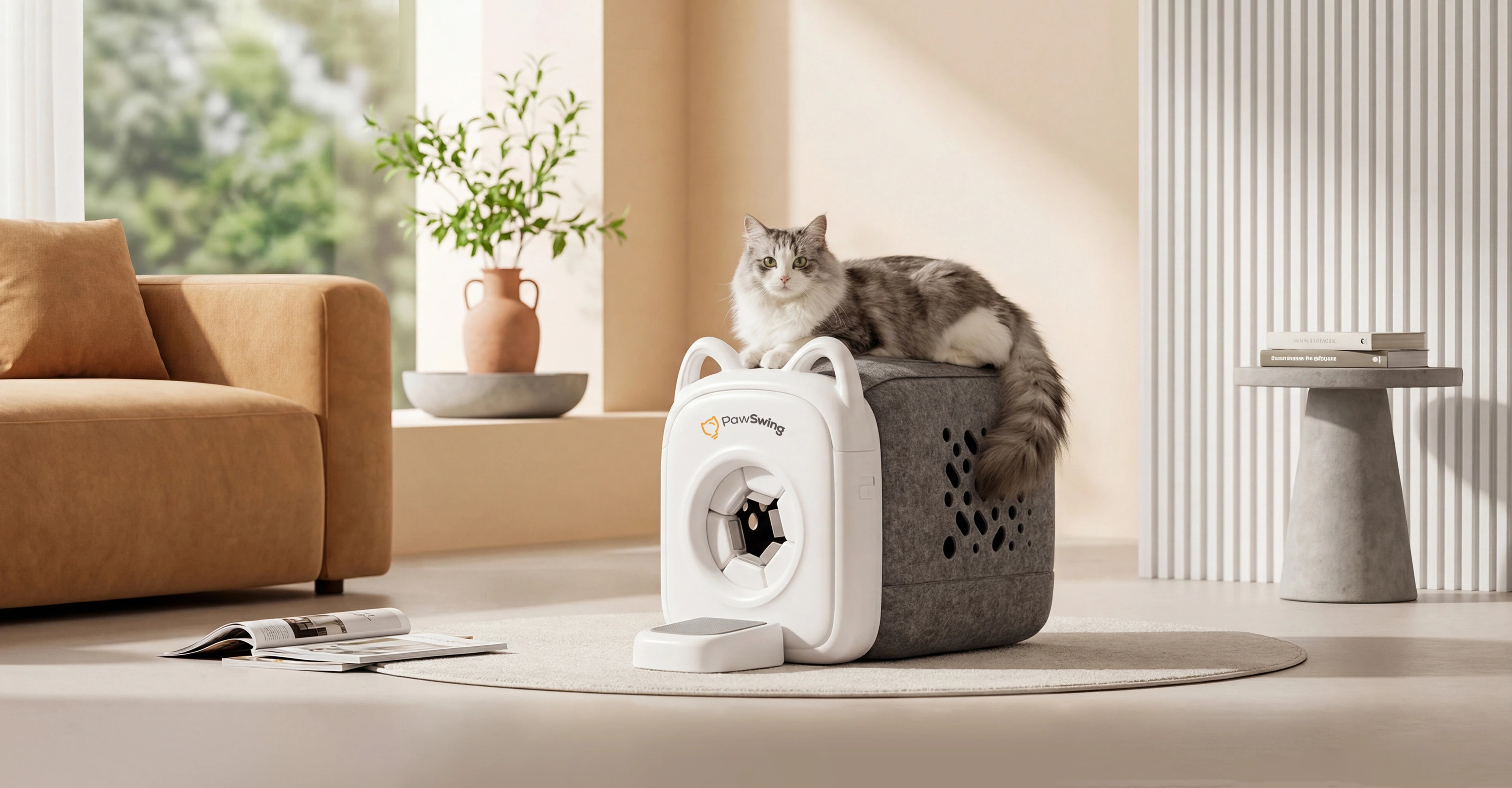 A cat rests on the PawSwing® Pro automatic cat groomer in a modern, sunlit living room