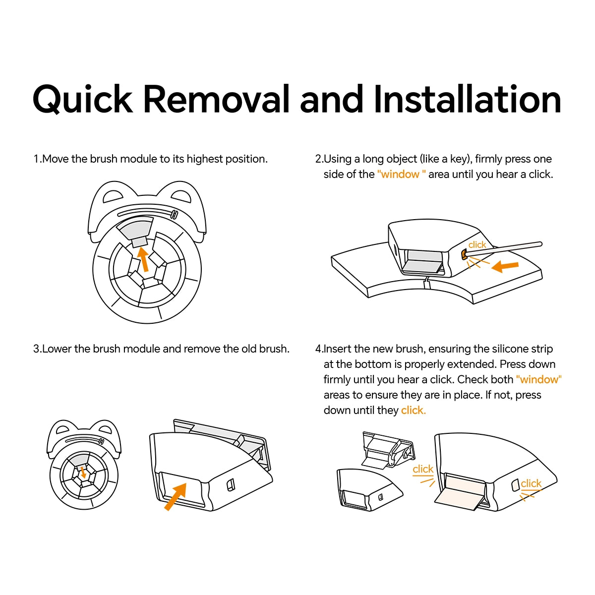Technical diagram illustrating the quick removal and installation of the PawSwing® cat brush into the unit