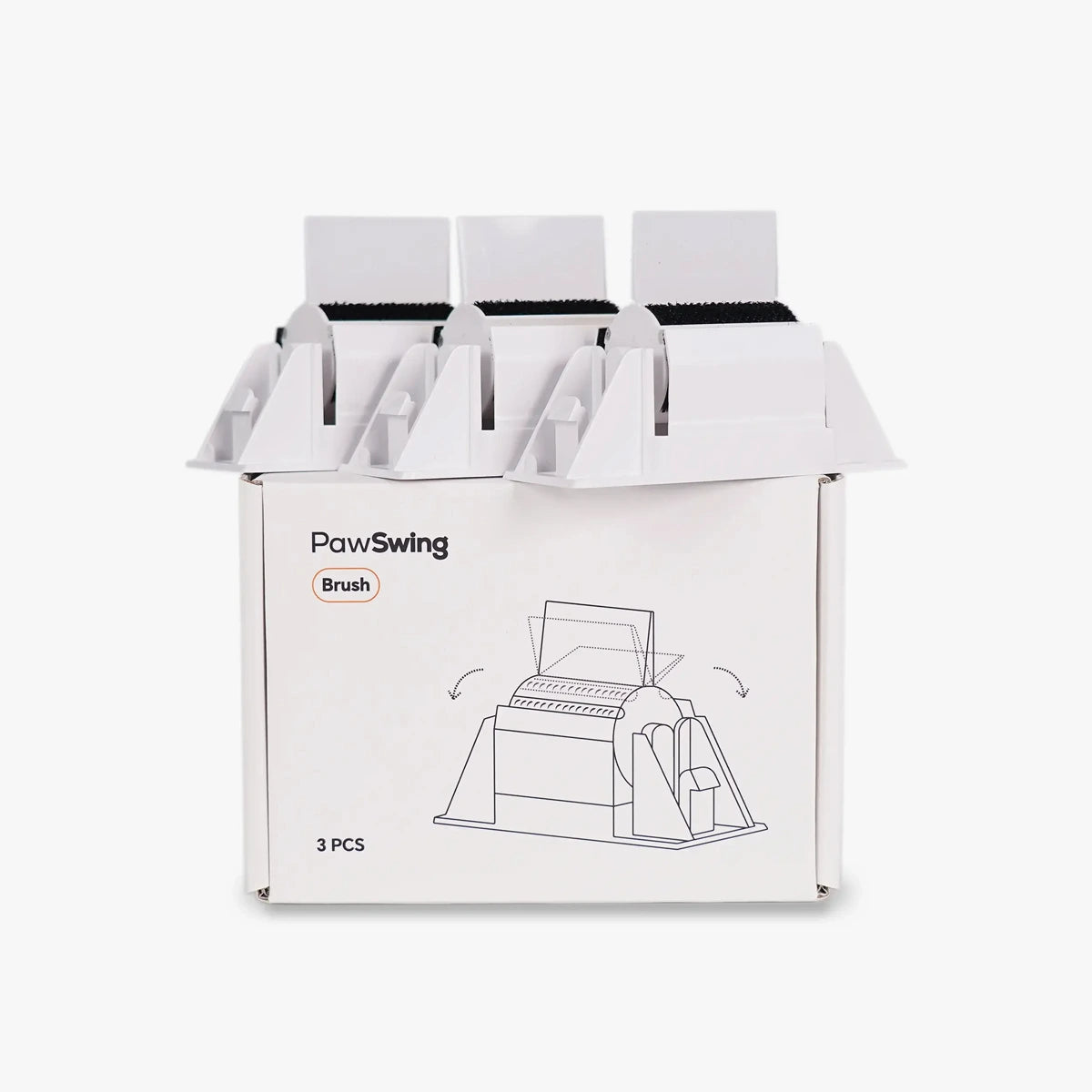 Six individual PawSwing® cat brush replacement units stacked atop their original branded retail box