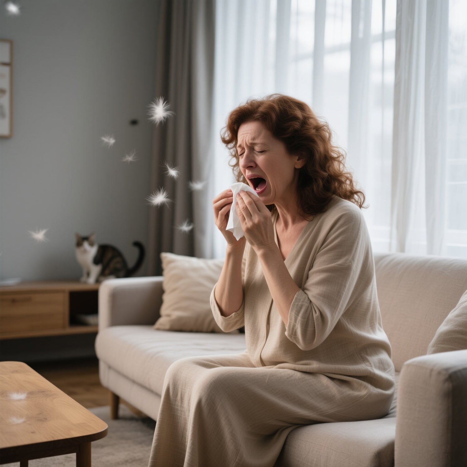 Woman sneezing due to airborne cat fur, which the PawSwing® Pro cat brush for shedding helps prevent
