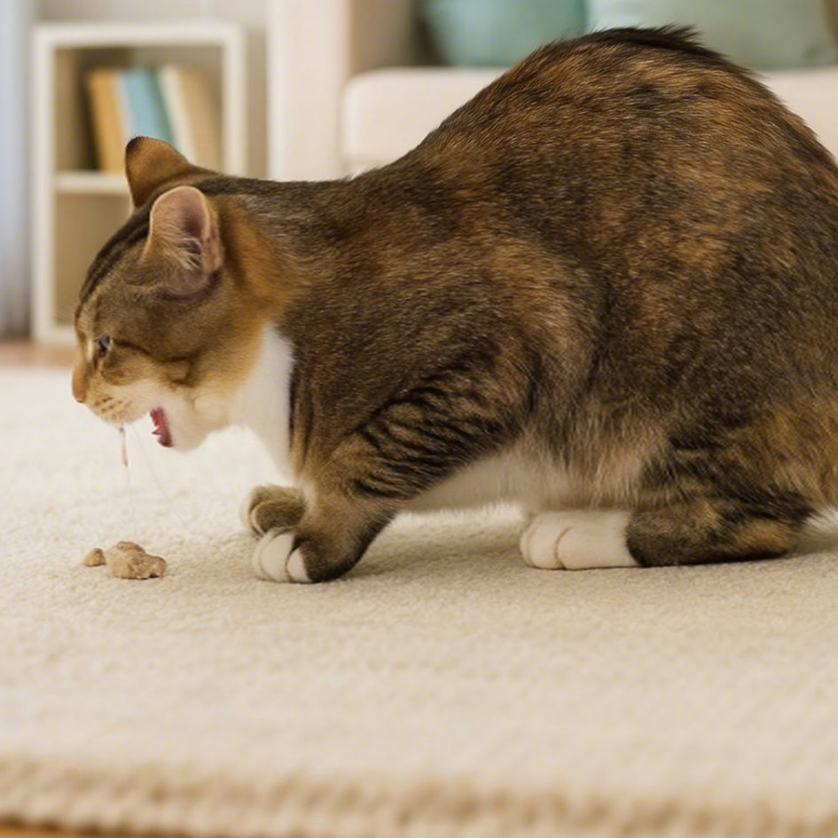 A cat with a hairball issue, a problem reduced by using the PawSwing® Pro automatic cat groomer regularly