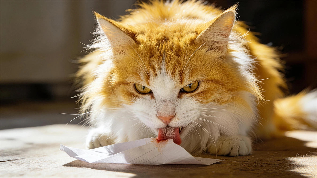 Cat licking fur, a behavior managed by using a PawSwing® neo cat grooming brush regularly