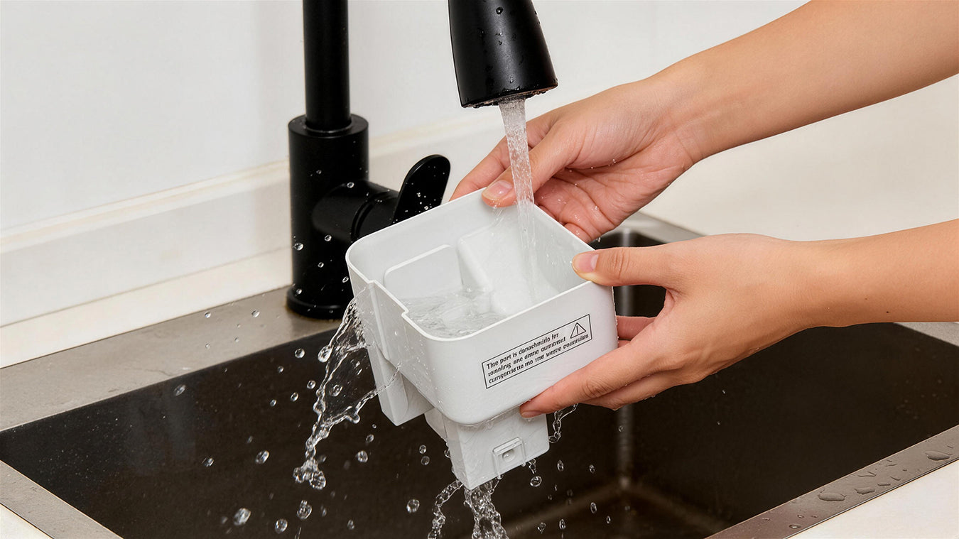 A person washes the detachable hair collection box from the PawSwing® Pro cat brush for shedding