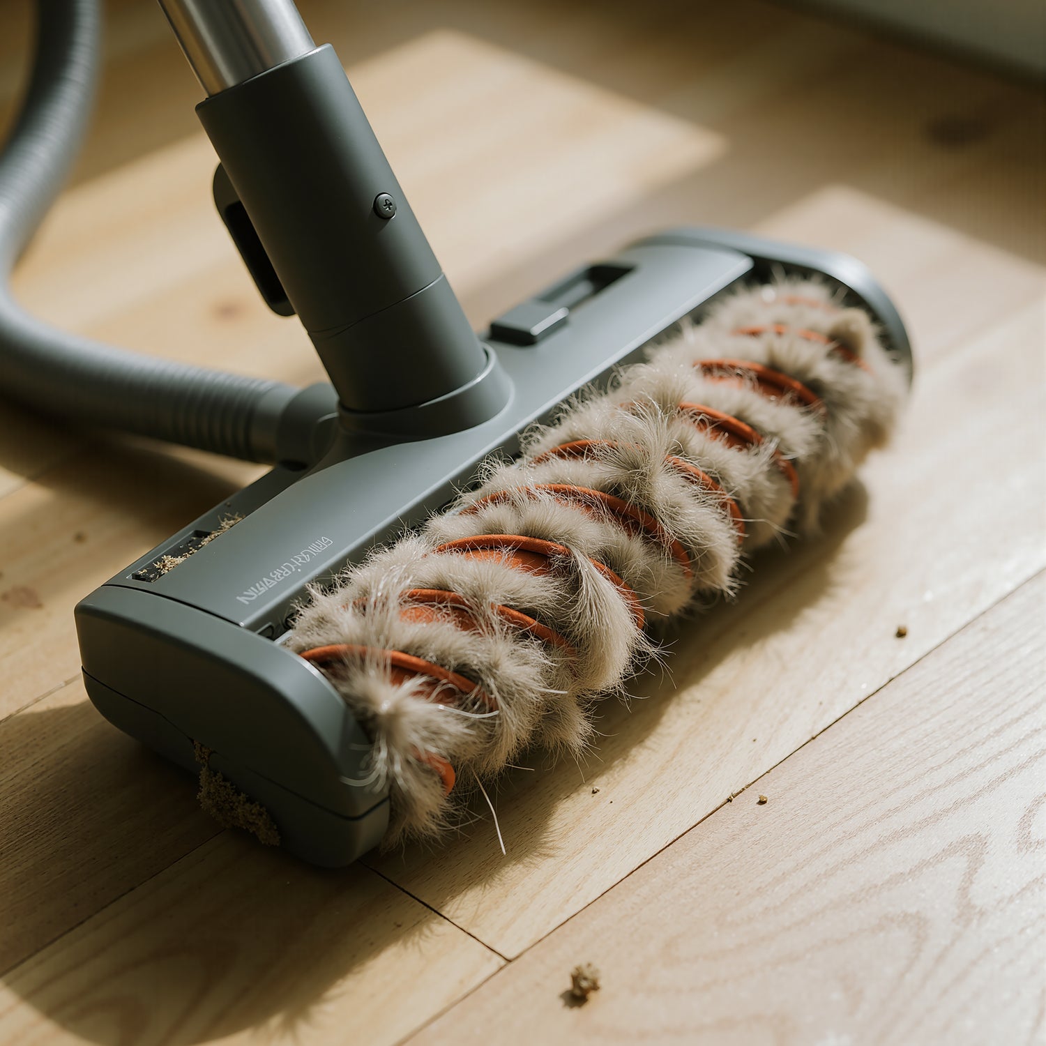 Close-up of a vacuum brush clogged with fur, highlighting the need for a PawSwing® Pro cat brush for shedding