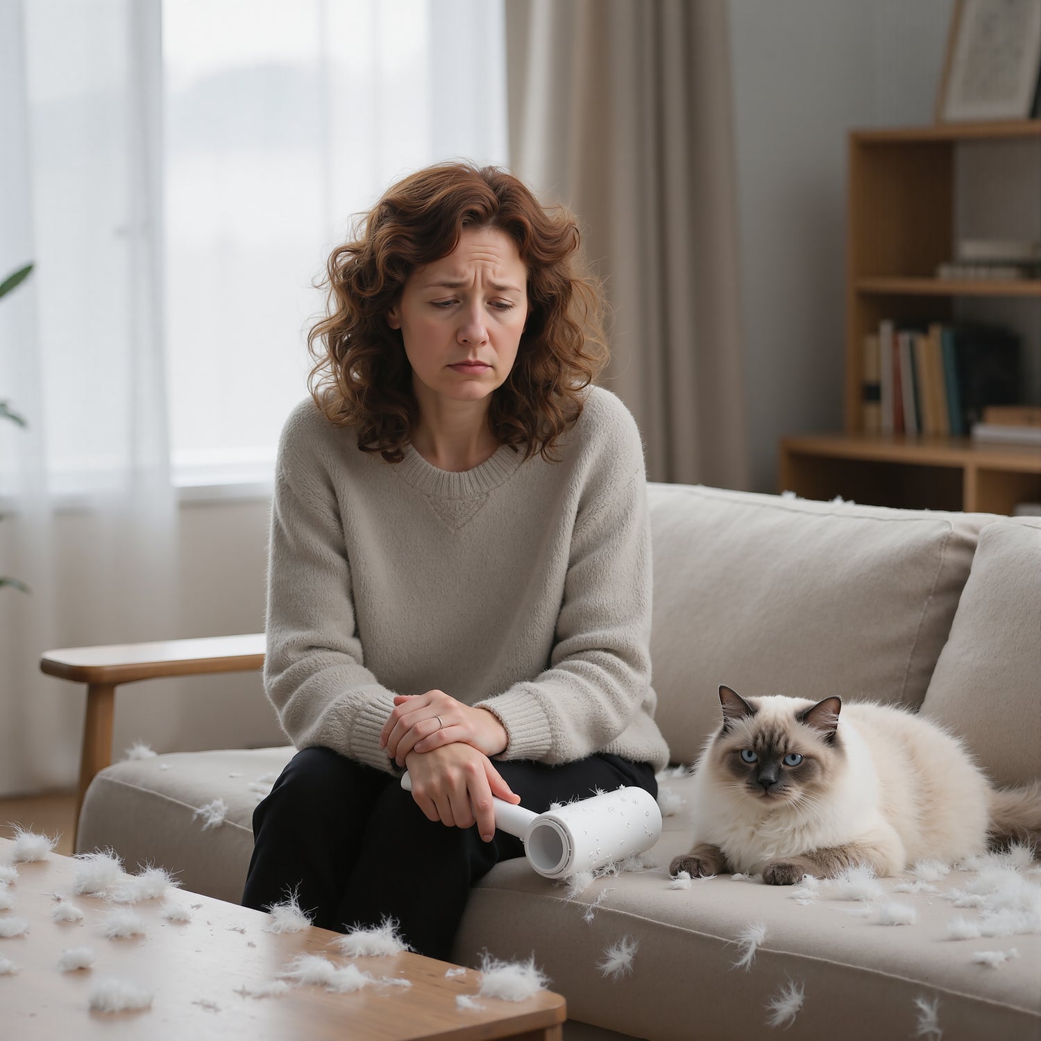 A frustrated owner with a lint roller and cat fur, solvable by the PawSwing® Pro cat brush for shedding