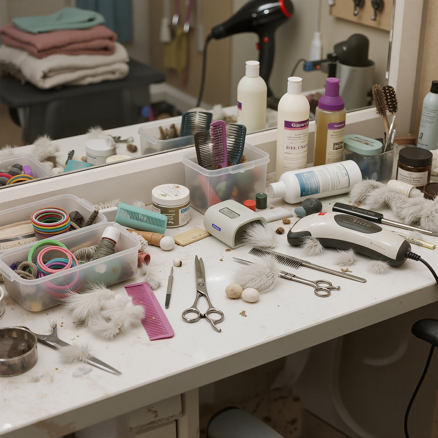 A cluttered vanity with grooming tools, replaced by the all-in-one PawSwing® Pro professional cat grooming system