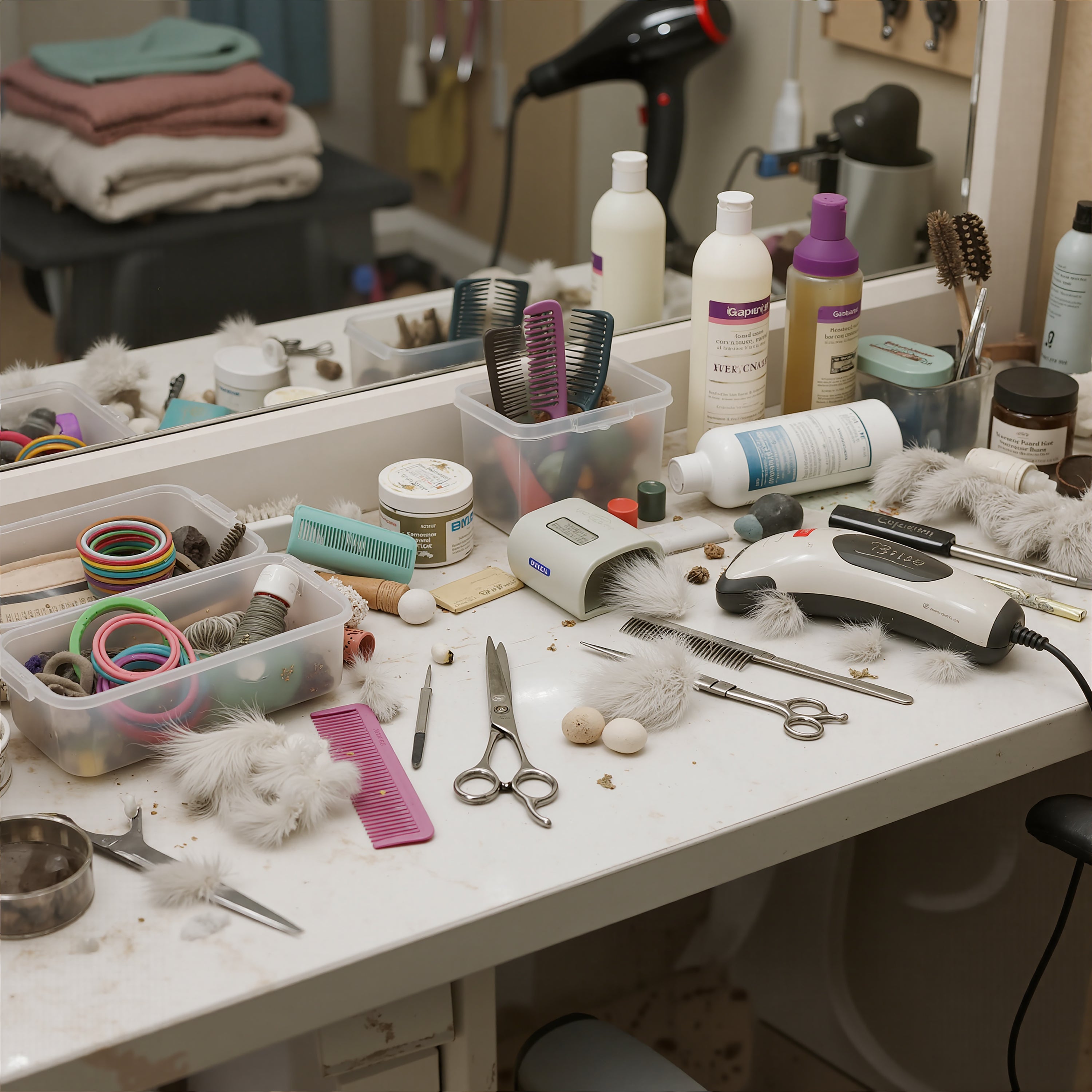 A cluttered vanity with grooming tools, replaced by the all-in-one PawSwing® Pro professional cat grooming system